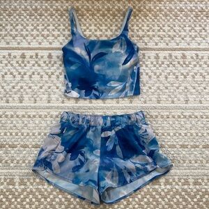 Old Navy Active Blue Floral Powersoft Set - Shorts and Sports Bra/Crop Top